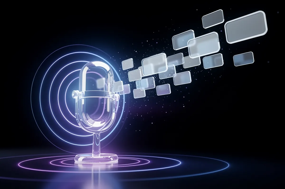Microfone de vidro luminoso emitindo ondas sonoras que se transformam em cartões de resposta translúcidos, representando a busca por voz respondida por IA