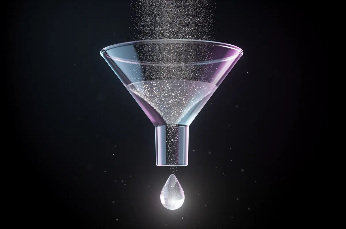 Funil de vidro luminoso recebendo um fluxo largo de partículas tênues e liberando poucas gotas grandes e radiantes, representando menos cliques porém mais valiosos