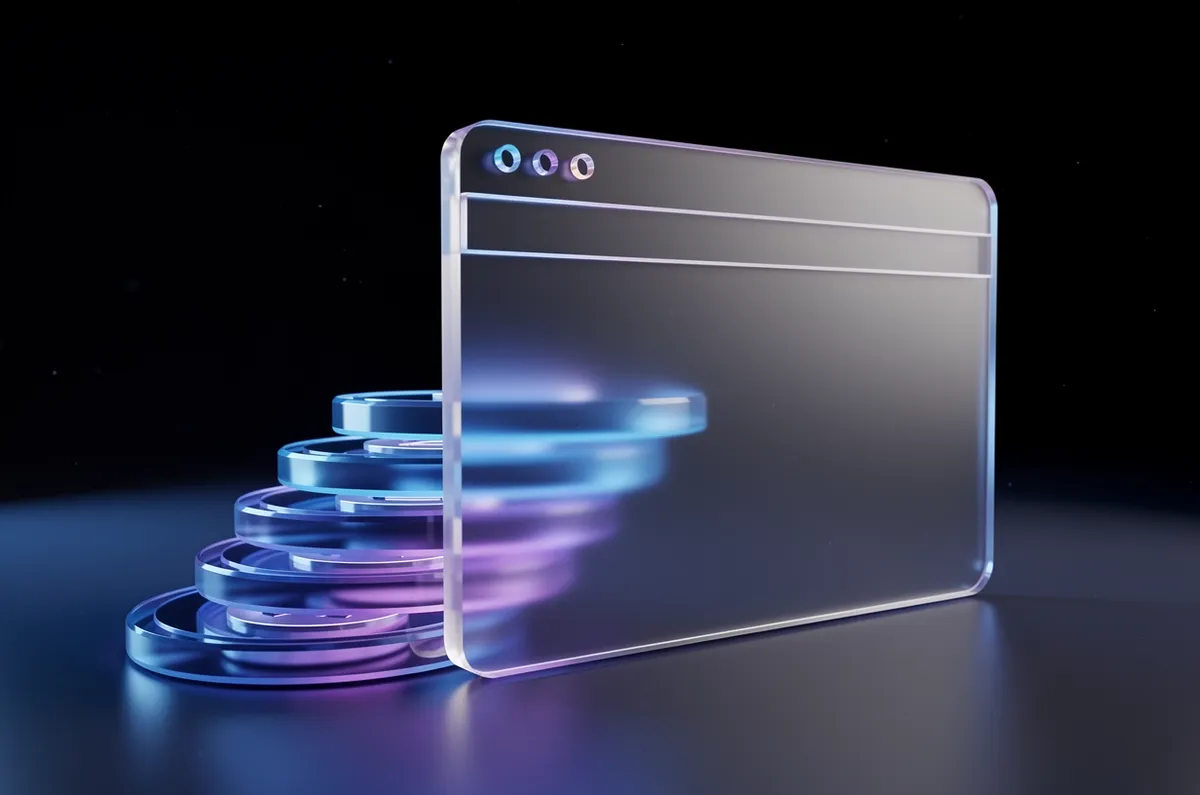Janela de navegador de vidro translúcido ao lado de uma pilha de esferas luminosas azuis e violetas, representando o investimento na criação de um site profissional