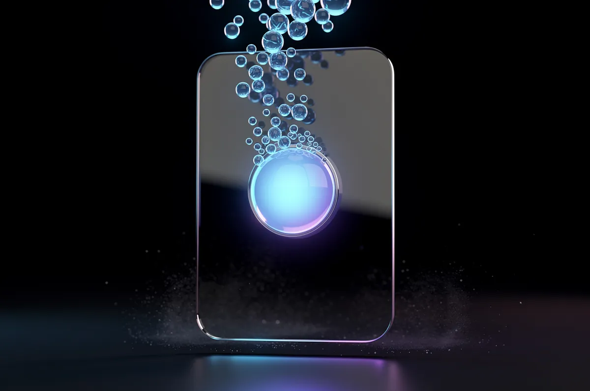Cartão de página de vidro com um único botão luminoso recebendo um fluxo de esferas de luz, representando cliques de anúncio convertendo em uma landing page